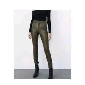 NWT ZARA WOMEN FAUX LEATHER LEGGINGS DARK KHAKI OLIVE SIZE XS 5427/206